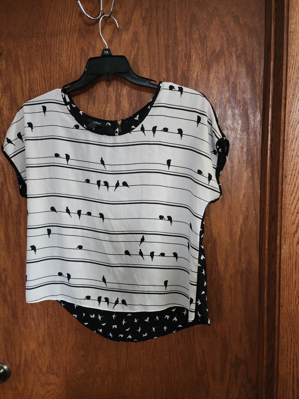 Alfani Black & White Bird-Print Short Sleeve Blouse